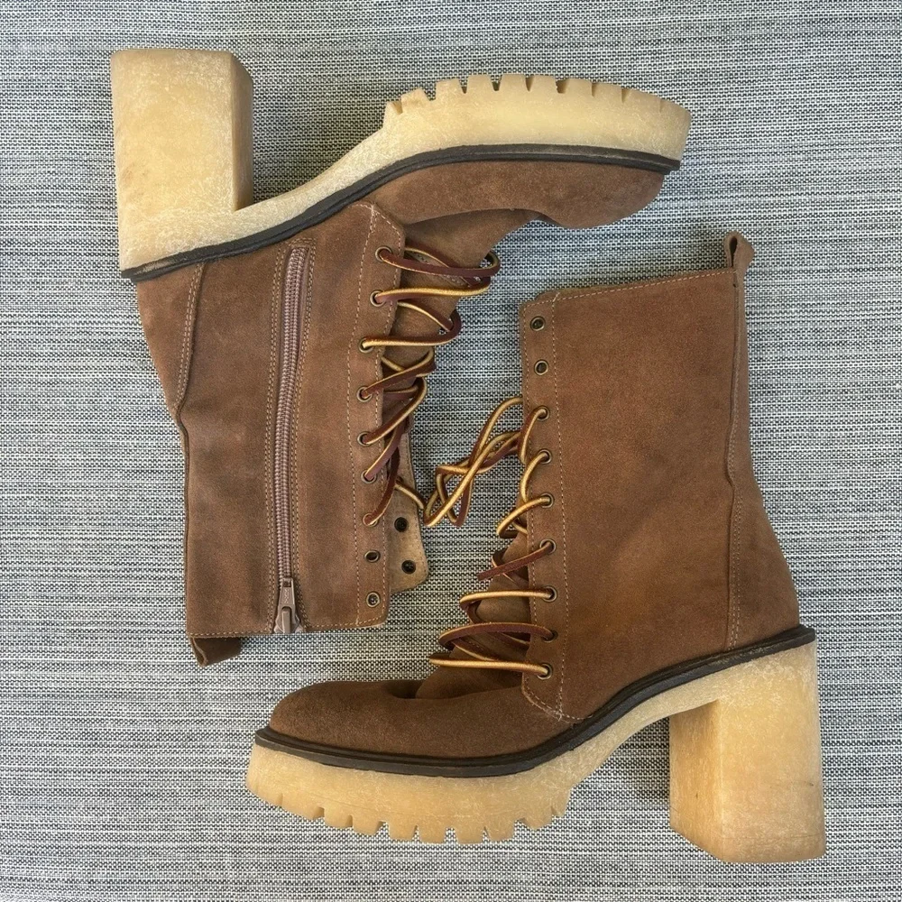 FREE PEOPLE Dylan Lace Up Boots Taupe Brown Size EU 36 Chunky Platform Heel